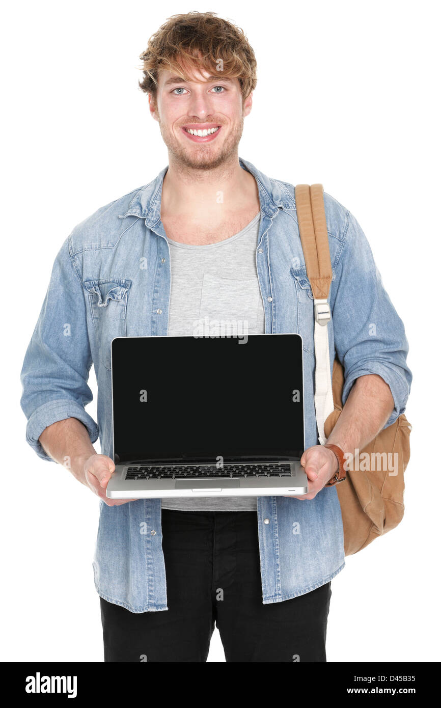 Porträt von glücklich kaukasischen Jüngling zeigt leere Bildschirm des Laptop isoliert auf weißem Hintergrund Stockfoto
