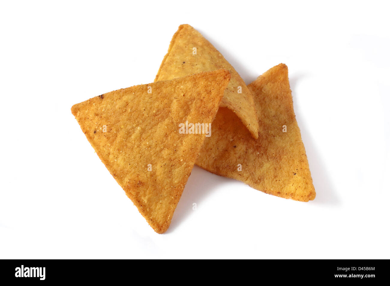 drei Nachos isoliert auf weiss Stockfoto