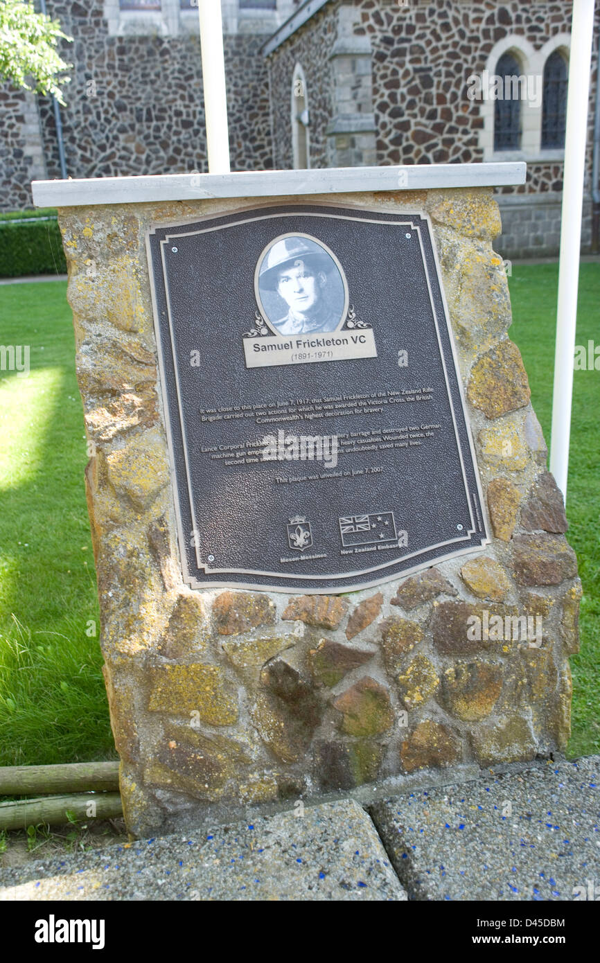 Denkmal für Samuel Frickleton Victoria Kreuz Sieger aus dem ersten Weltkrieg ein Neues Zealander in Messines in Flandern Belgien Stockfoto