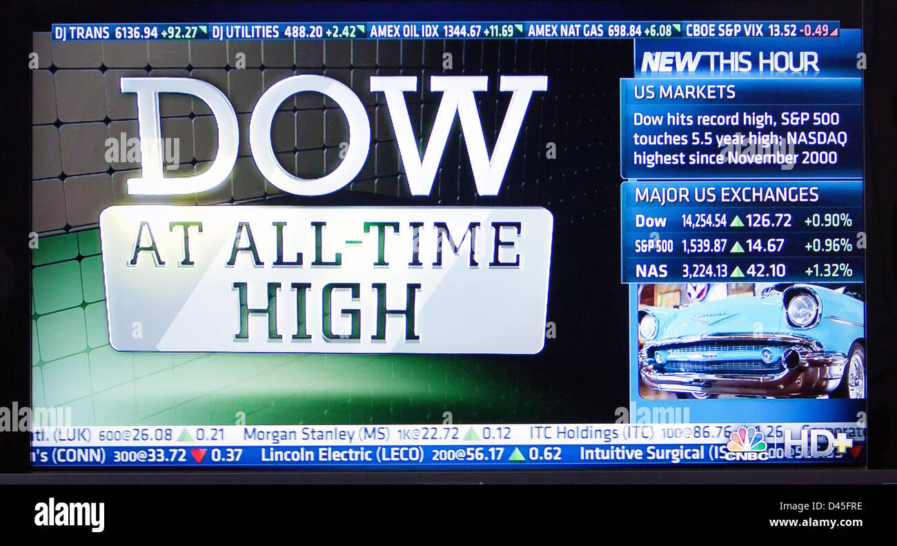 USA. 5. März 2013.  Der Aktienindex Dow Jones Industrial Average traf einen Höchststand von 14253,77 Punkten auf Dienstag, 5. März 2013 schließen Rekord. Dieses CNBC TV-Bild zeigt die Überschrift Index Momente nach der Schlussglocke. Eine Kundgebung von fast 126 Punkten folgten chinesische Pfand auf Wachstumskurs Ausgaben und starke US-Sektor Servicedaten. Stockfoto