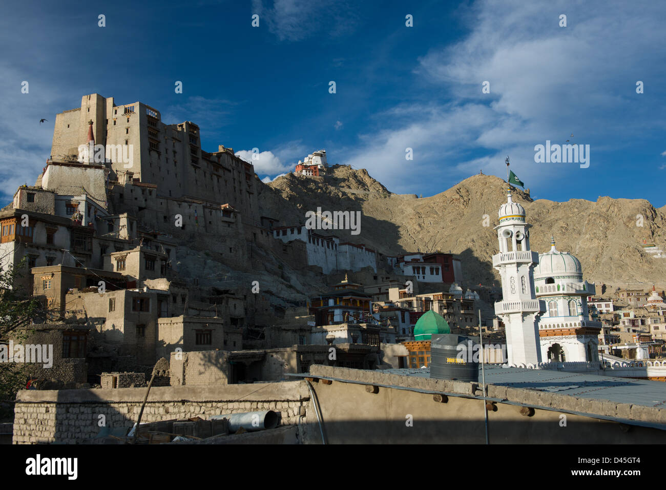 Leh Palace überragt die Altstadt mit der Namgyal Tsemos Gompa hinter und der Jama Masijd im Vordergrund, Leh (Ladakh) Jammu & Kaschmir, Indien Stockfoto