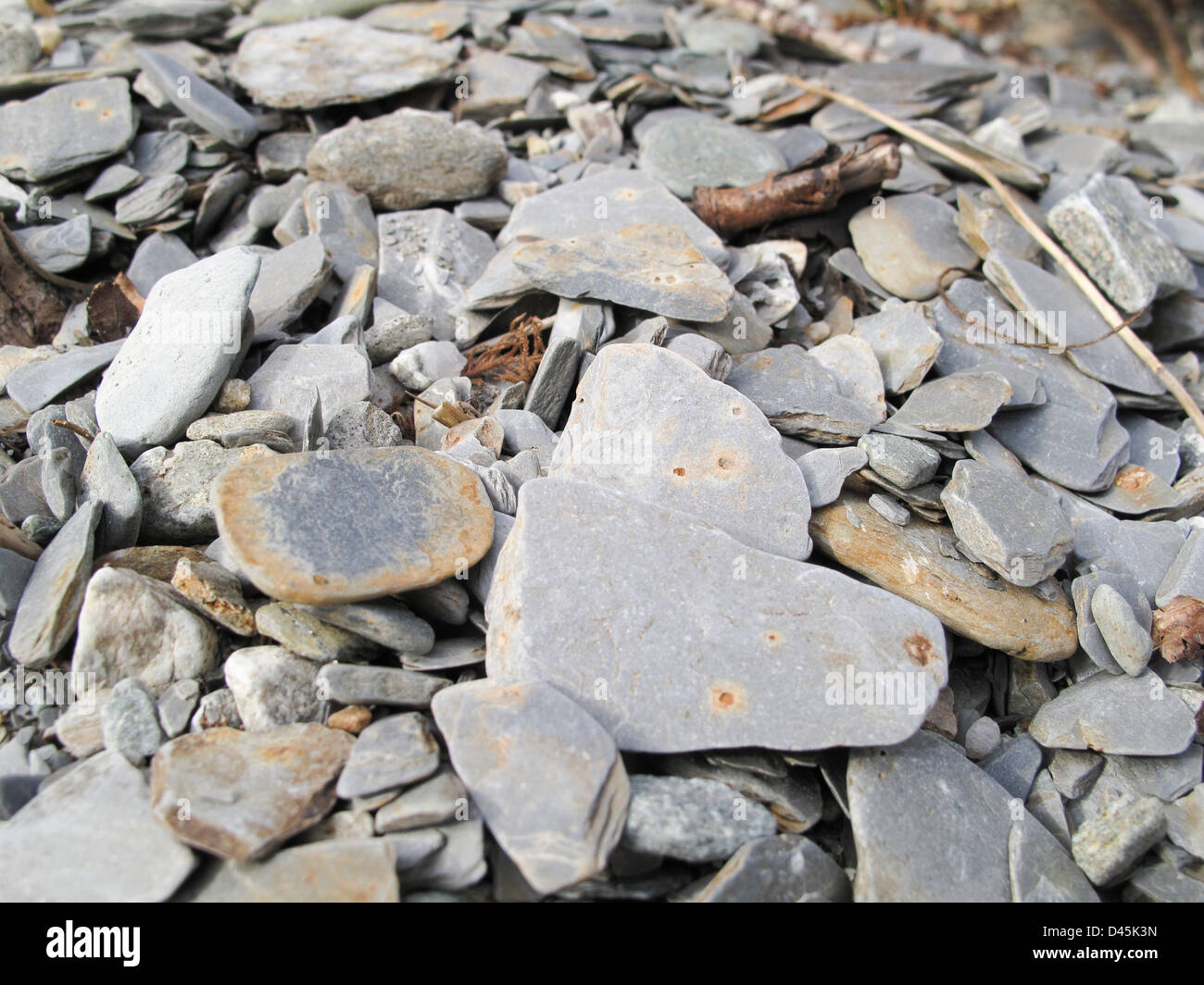 Flachen Steinen am Kiesstrand Stockfoto
