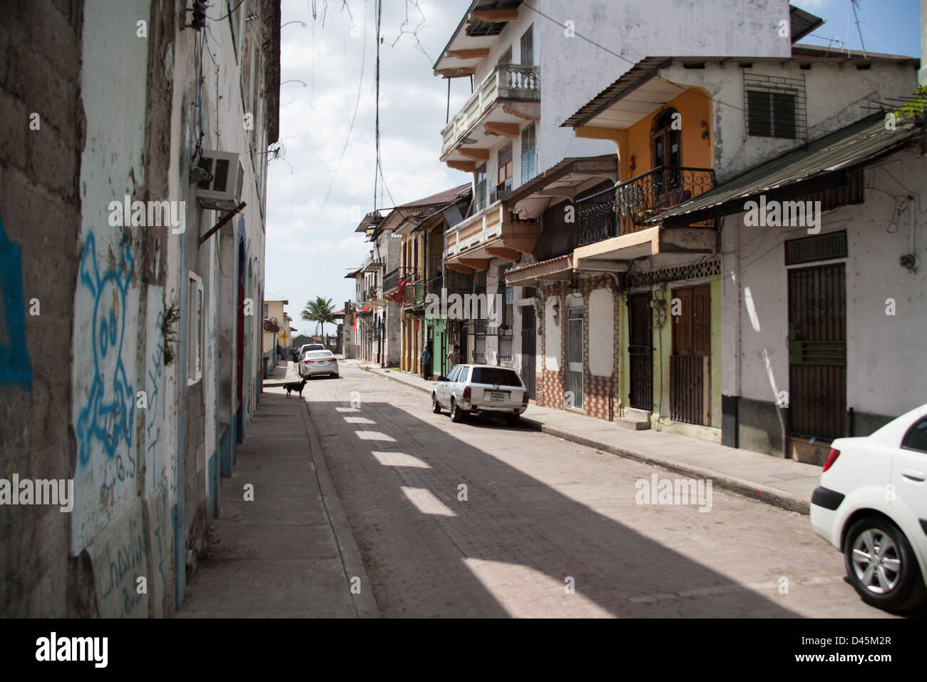 Straßenansicht der alten Gebäude und einen Hund, stehend auf dem Bürgersteig im Casco Viejo Viertel von Panama-Stadt. Stockfoto