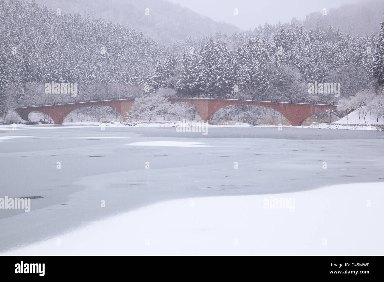 Gefrorenen See Usui und Brücke im Winter, Gunma, Japan Stockfoto