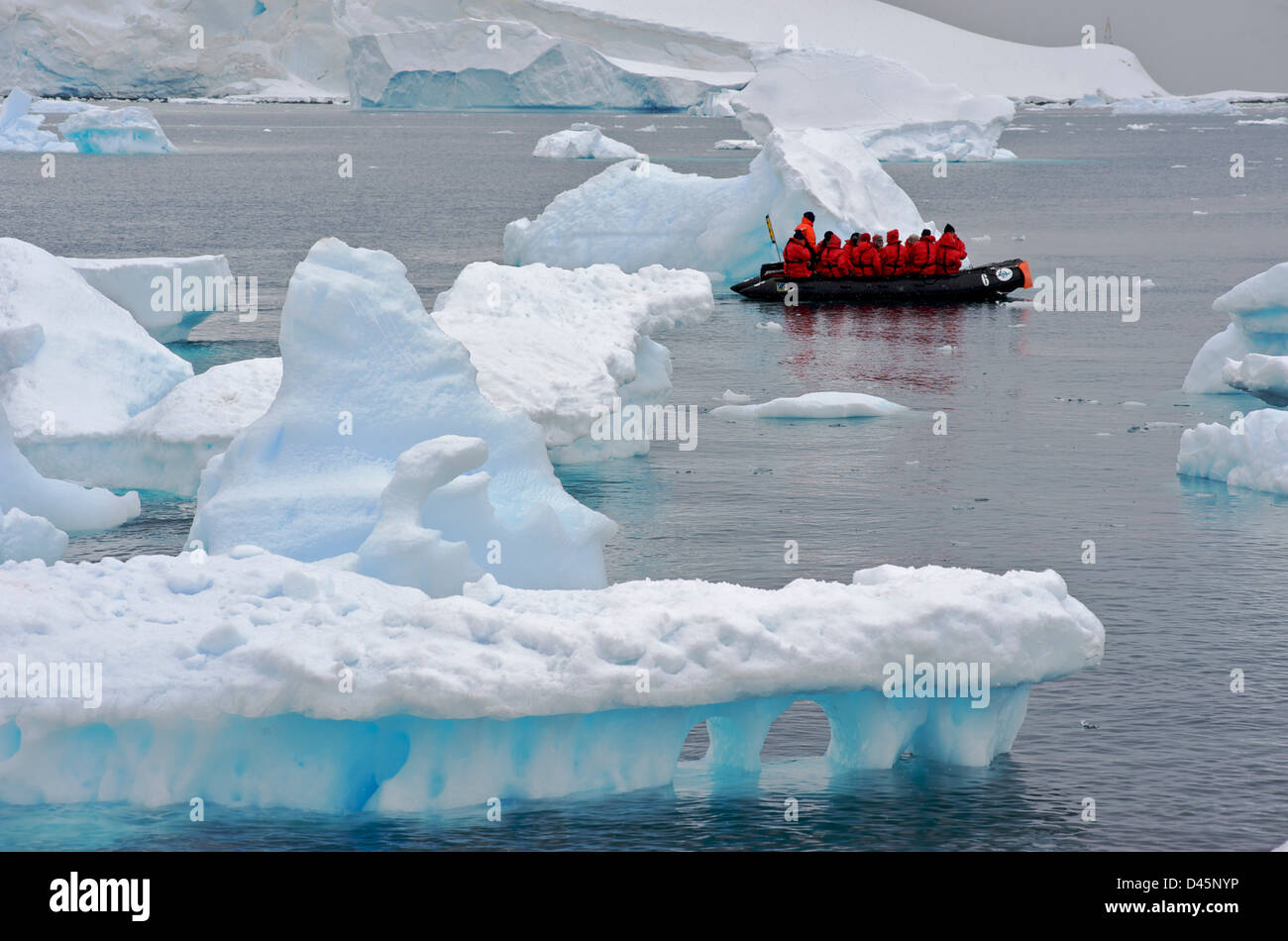 Eine Partei der Antarktis Touristen navigieren die Eisberge von Paradise Harbour in einem Zodiac Stockfoto