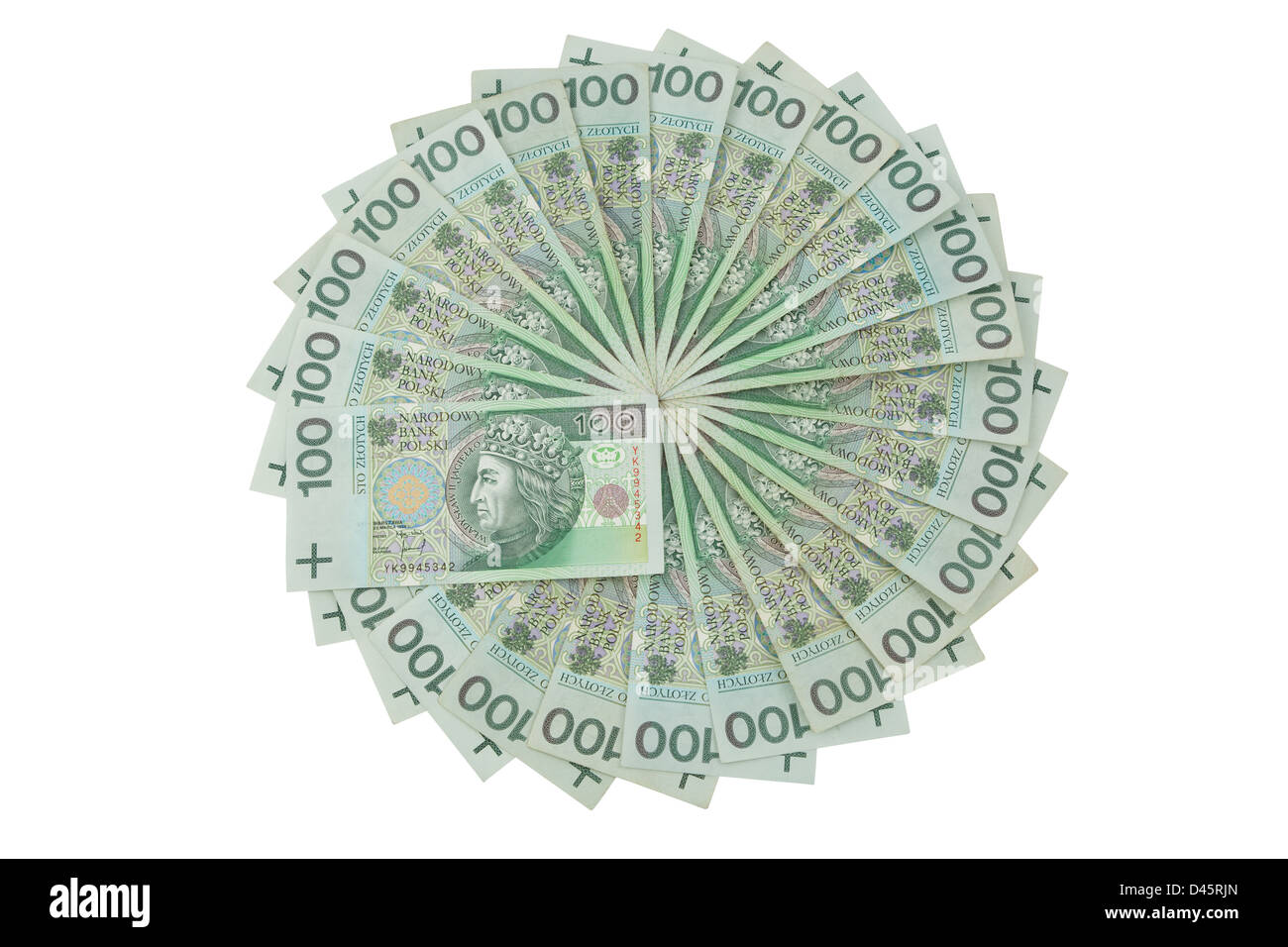 Polen-Währung in Form Kreis auf weißem Hintergrund Stockfoto