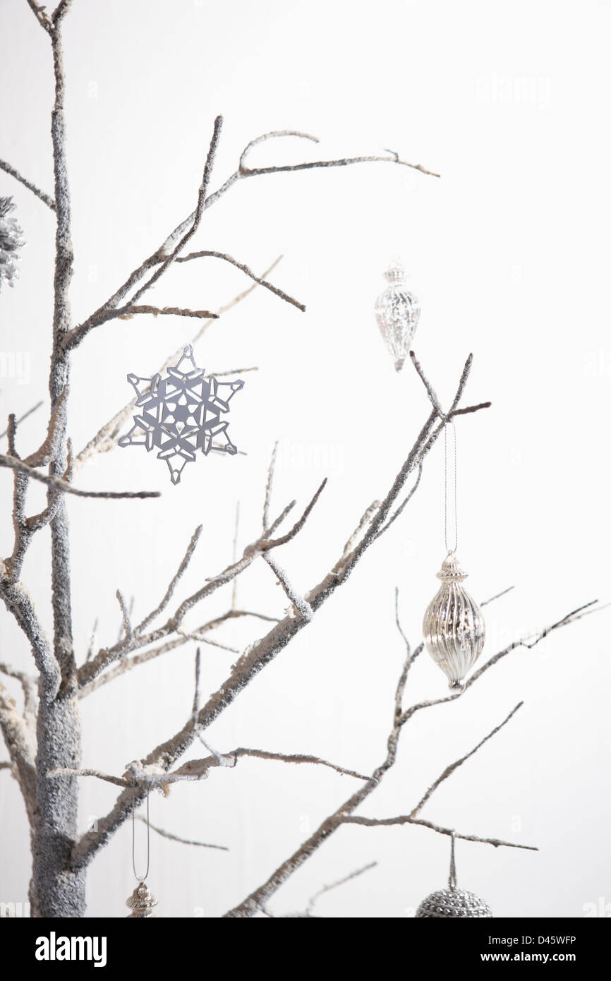 Weihnachtsdekoration auf Winter Baum Stockfoto