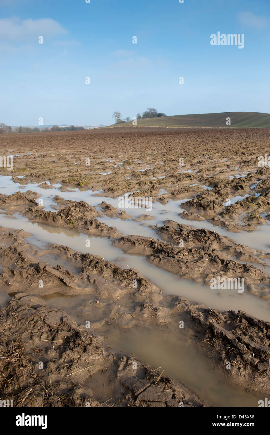 Gepflügte Land zeigen extreme Staunässe. Yorkshire, Vereinigtes Königreich. Stockfoto