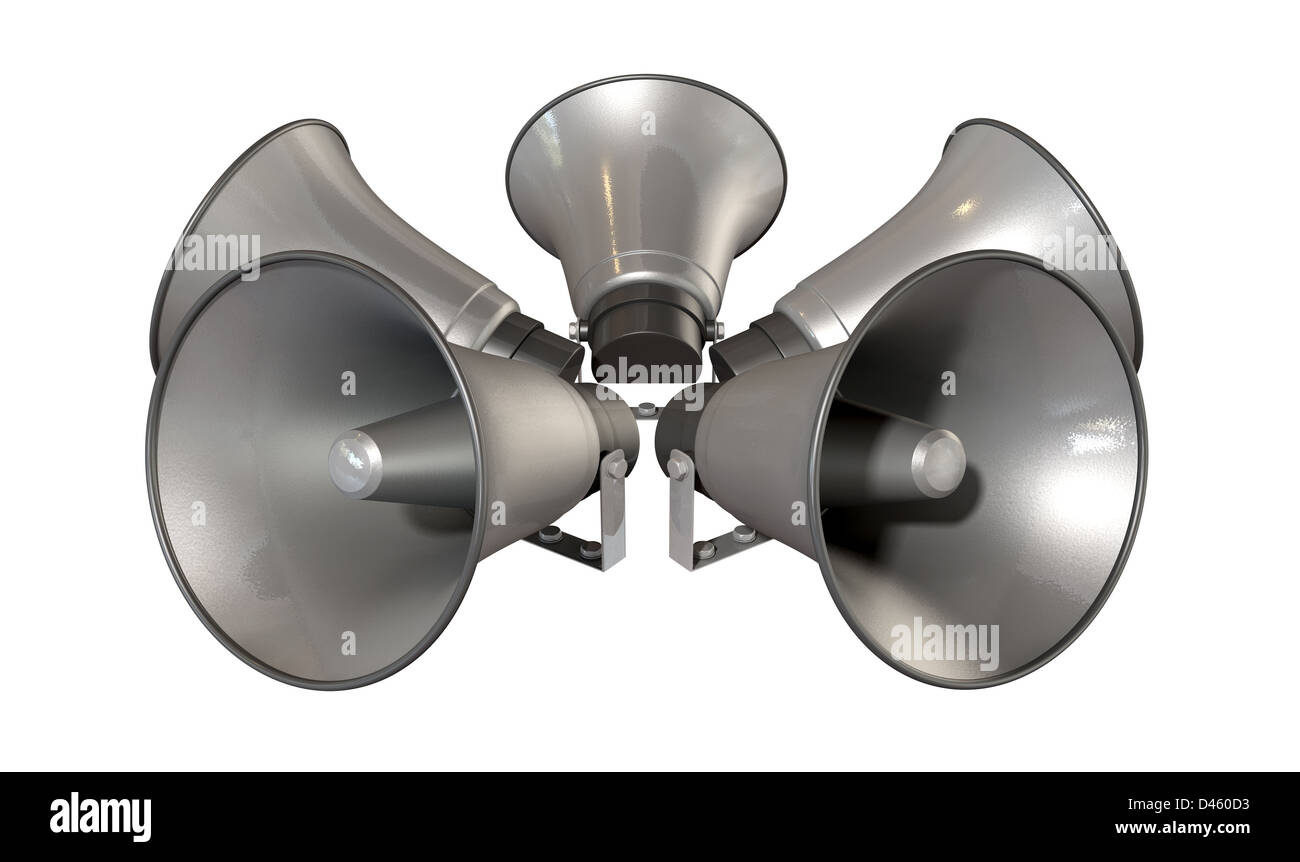 Ein Array von fünf Horn-Lautsprecher in einem Kreis nach außen auf eine isolierte Hintergrund Stockfoto