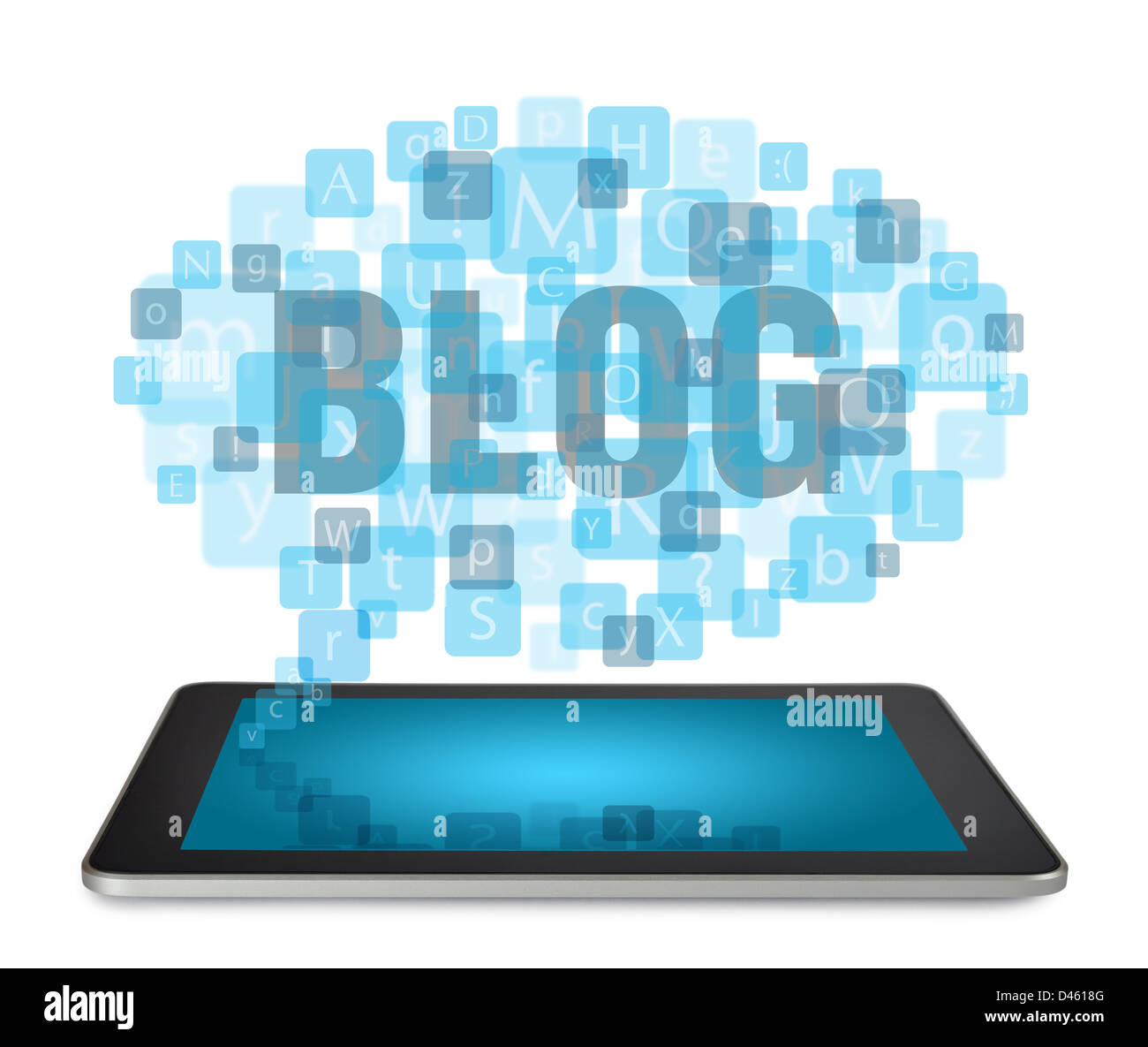 Tablet-PC mit Wolke von Alphabet Zeichen Symbole isoliert auf weißem Hintergrund Stockfoto