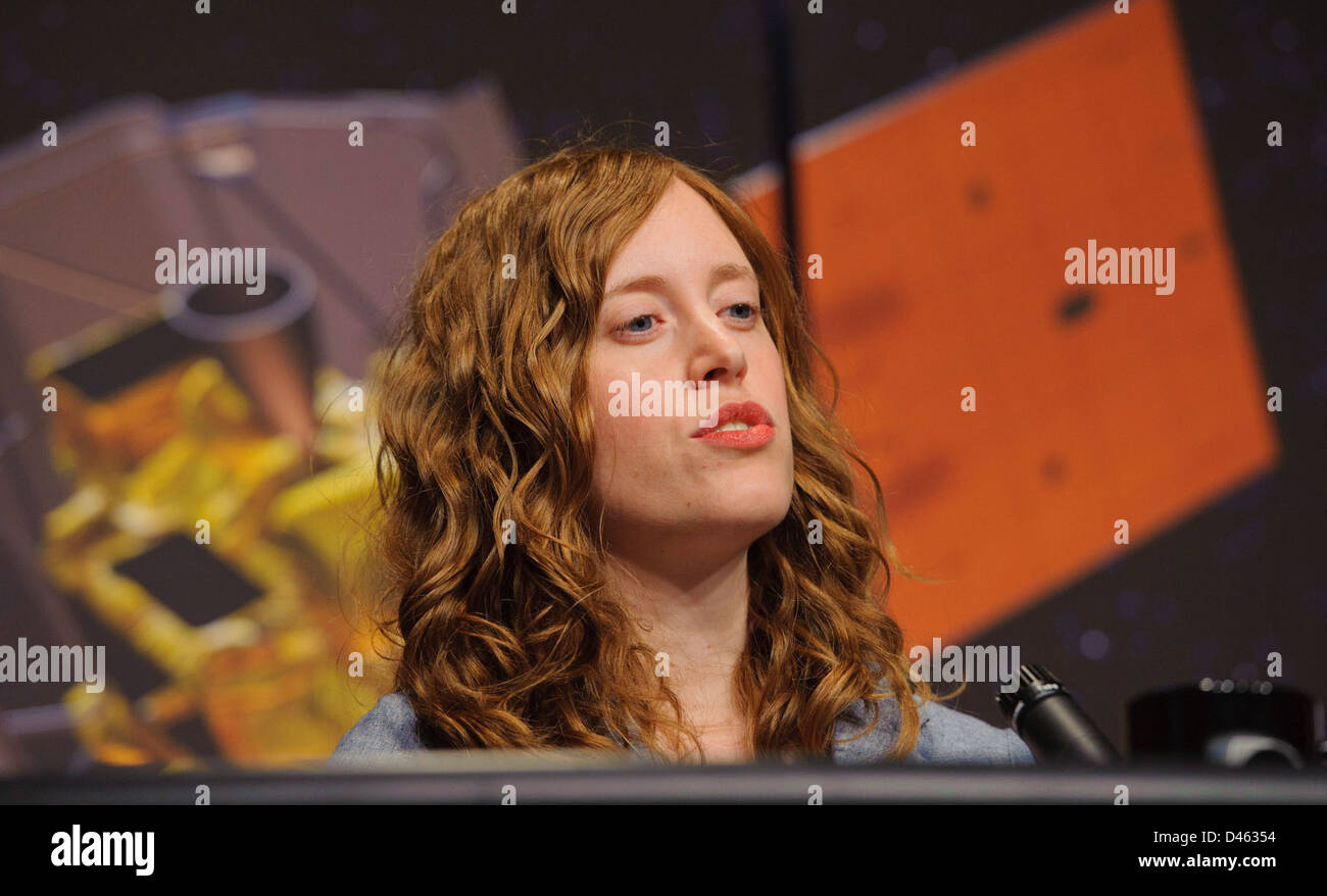 Die NASA hielt ein Briefing im Applied Physics Laboratory ab, um die Ergebnisse der MESSENGER-Mission zu besprechen, bei der die Oberfläche, Atmosphäre und das Magnetfeld von Quecksilber untersucht wurden. Stockfoto