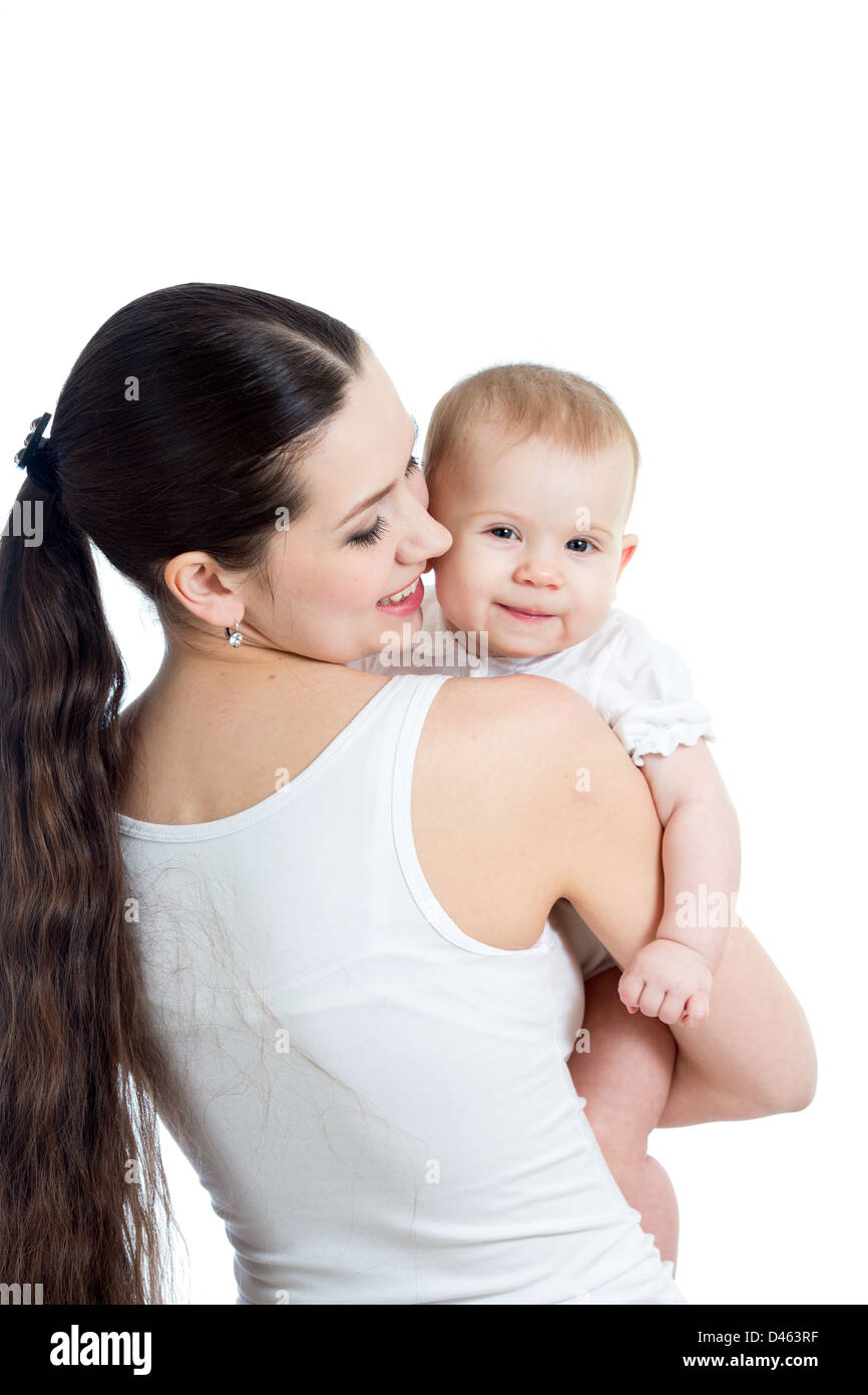 Mutter mit ihrem Kind auf weißem Hintergrund Stockfoto
