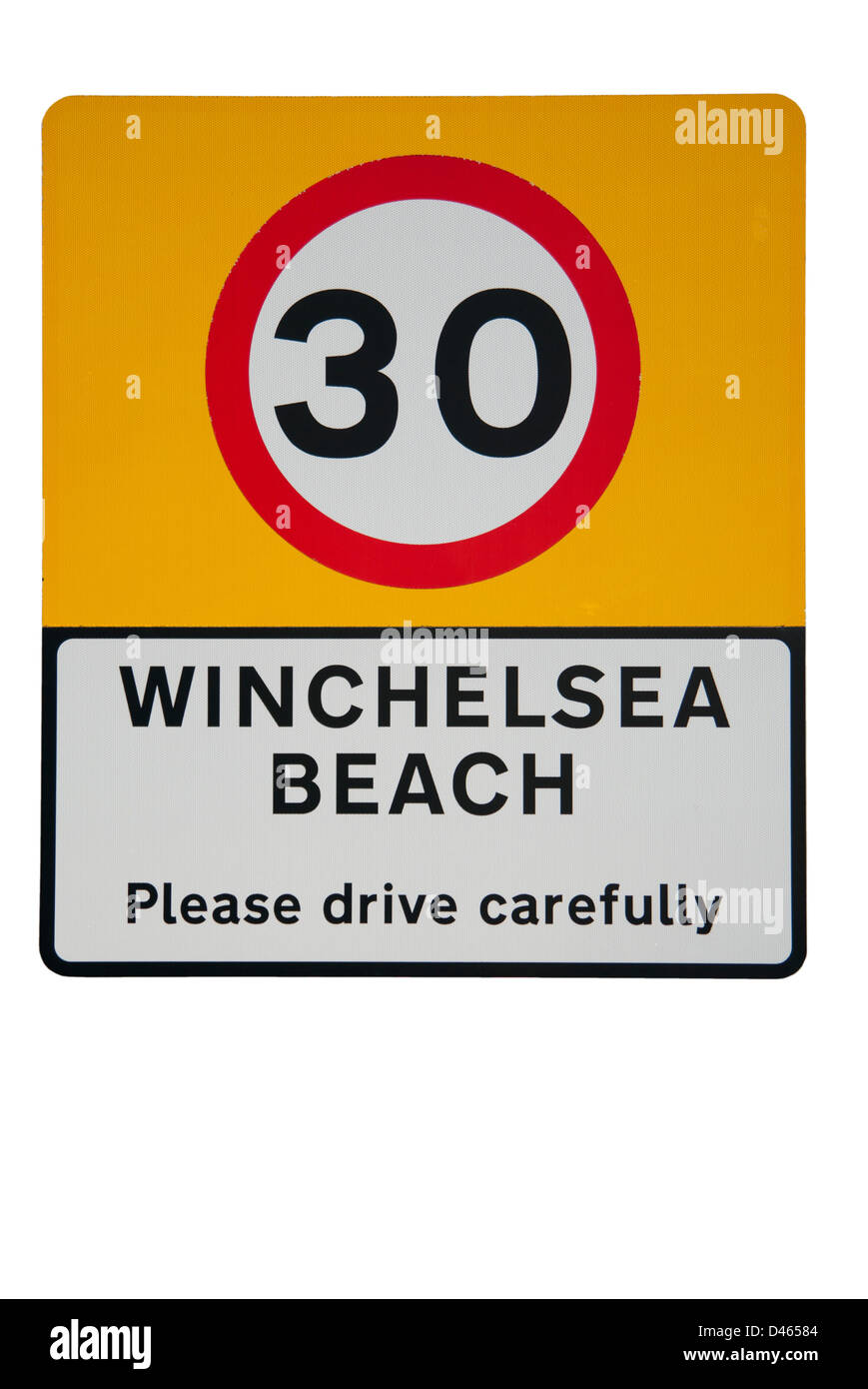 Winchelsea Beach East Sussex UK Schild mit 30 km/h Höchstgeschwindigkeit Stockfoto