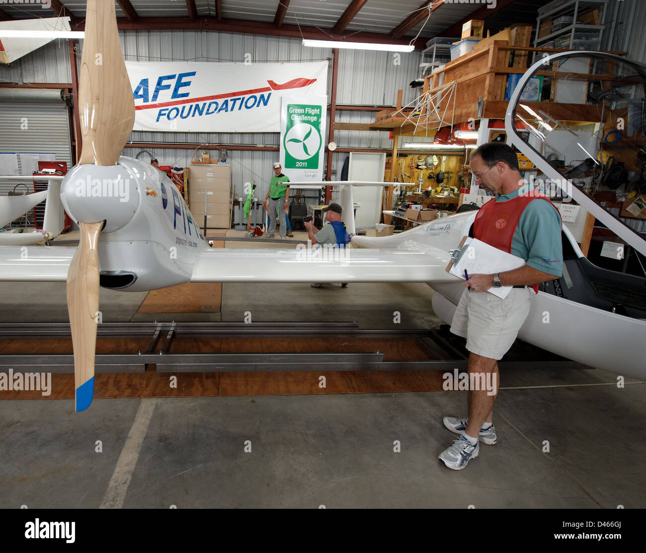 Die Green Flight Challenge, die am Charles M. Schulz Sonoma County Airport in Kalifornien stattfand, förderte die nachhaltige Luftfahrt mit innovativen Flugzeugen, die für eine geringere Umweltbelastung konzipiert wurden. Stockfoto