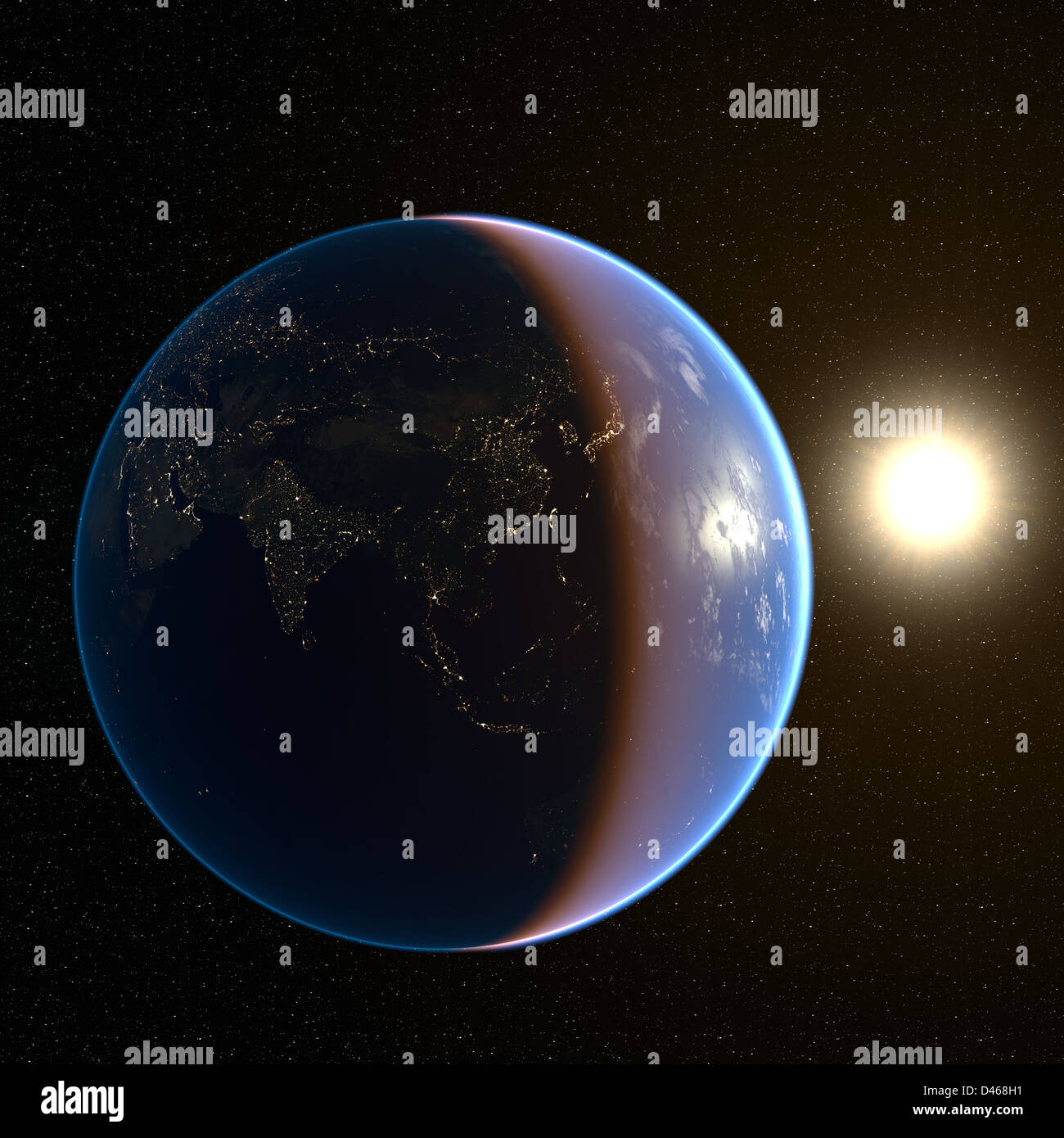 Dunkle Seite der Erde, nur durch die hellen Lichter von Asien beleuchtet. Earth Karten mit freundlicher Genehmigung von NASA: http://visibleearth.nasa.gov/ Stockfoto