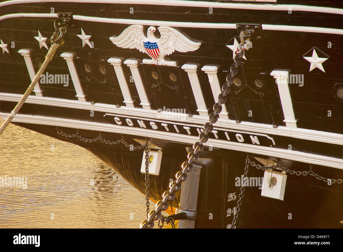 Abend auf dem Heck der USS Constitution - Old Ironsides, im Hafen von Boston, Massachusetts, USA Stockfoto