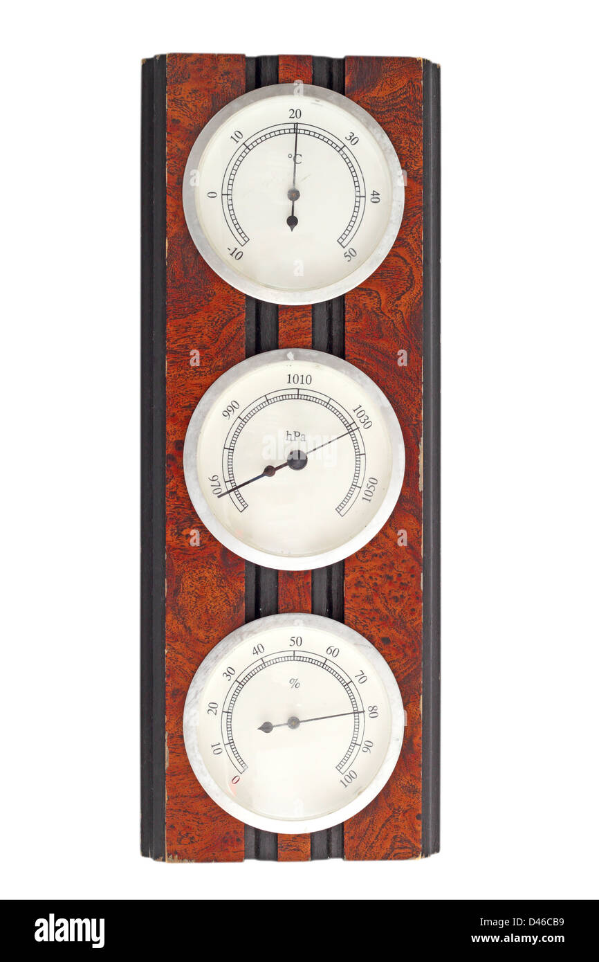alten Meßinstrument - Thermometer, Barometer und Hygrometer auf einen Holzrahmen Stockfoto