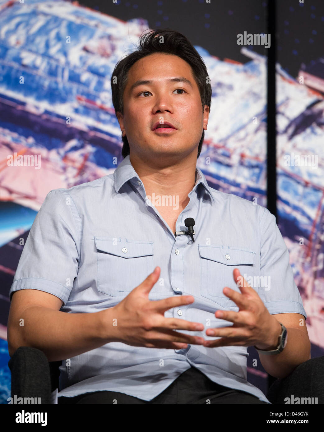 Die NASA hält ein Mediengespräch über die Kollision zwischen der Andromeda Galaxy (M31) und der Milchstraße ab. Astronomen diskutieren Erkenntnisse aus Hubble-Beobachtungen dieses kosmischen Ereignisses. Stockfoto