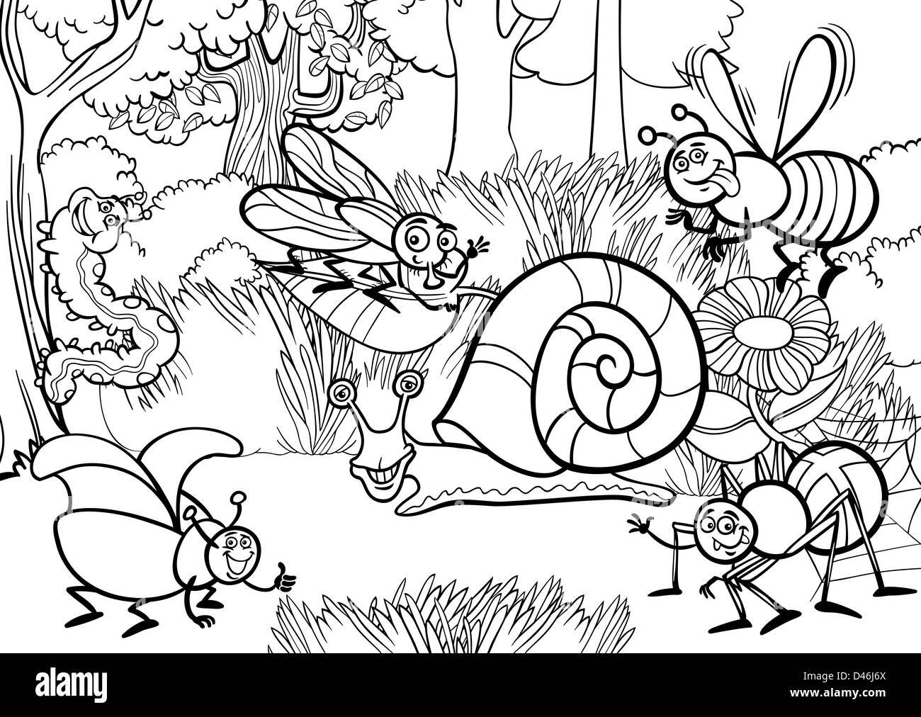 Schwarz / Weiß Cartoon Illustration der lustige Insekten oder Insekten auf der Wiese natürlichen ländlichen Hintergrundszene für Malbuch Stockfoto