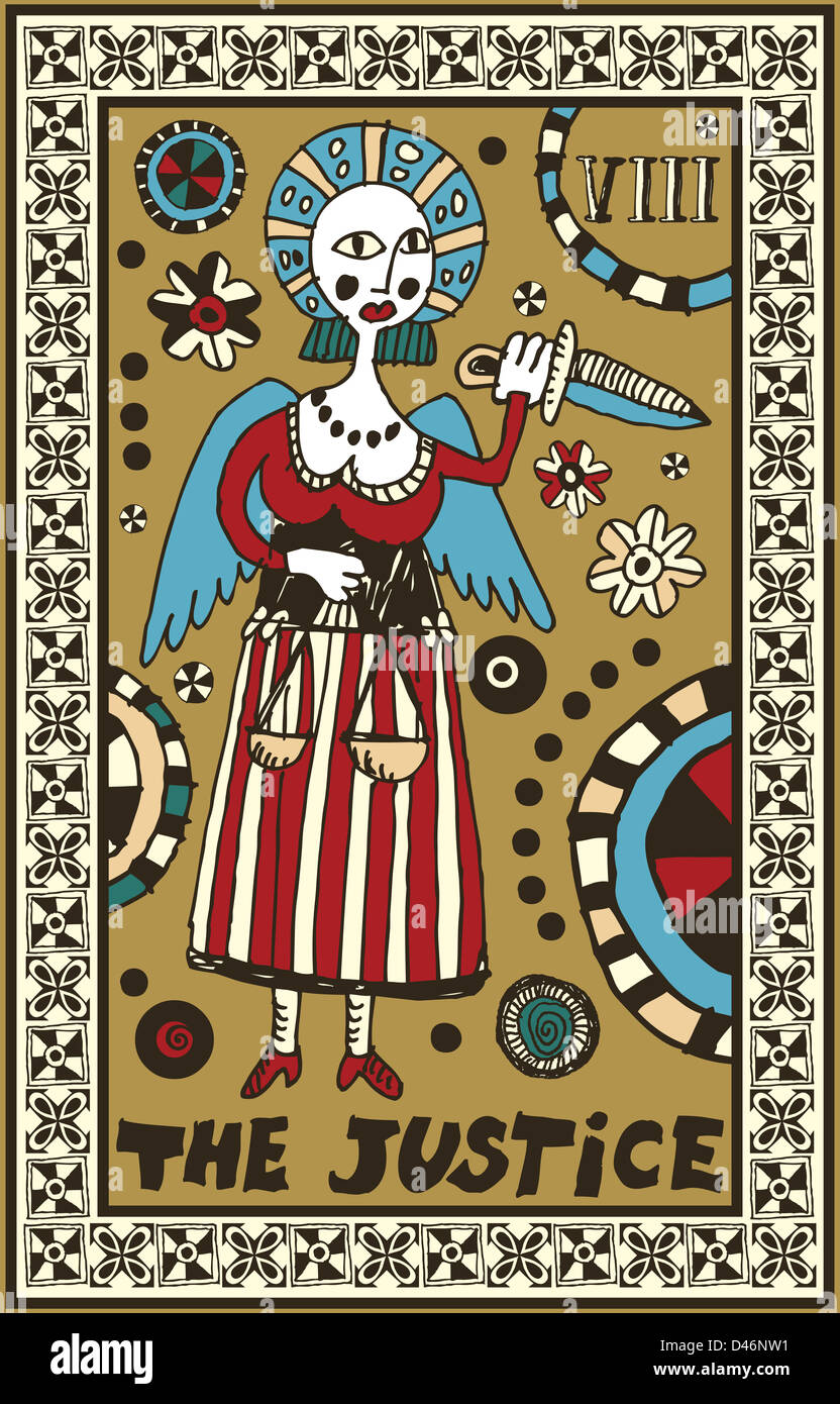 Hand gezeichneten Tarot-Deck, großen Arkana, die Gerechtigkeit Stockfoto