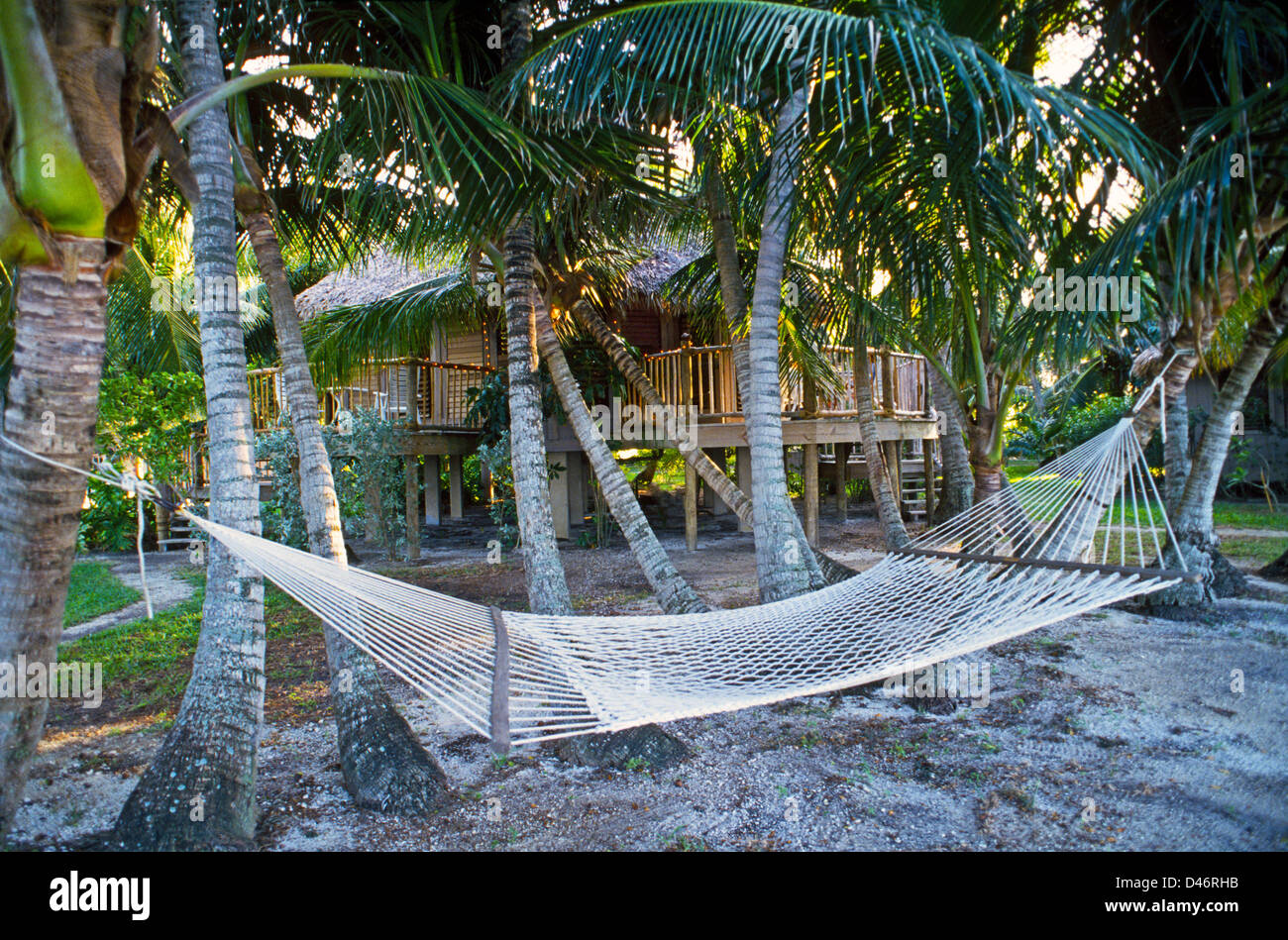 Eine Hängematte und tropischen Unterkünfte erwarten die Gäste im Little Palm Island Resort, aus Little Torch Key in den Florida Keys, USA. Stockfoto