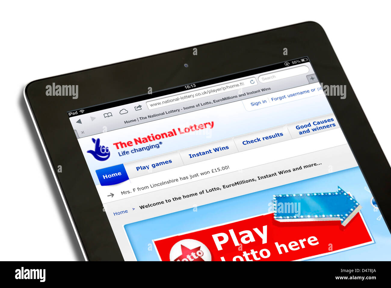Der UK National Lottery Website betrachtet auf einem iPad 4, UK Stockfoto