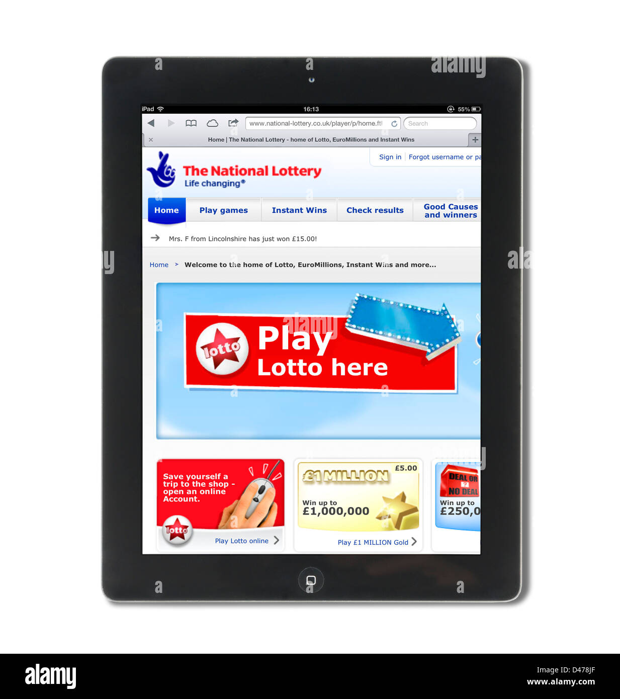 Der UK National Lottery Website betrachtet auf einem iPad 4, UK Stockfoto