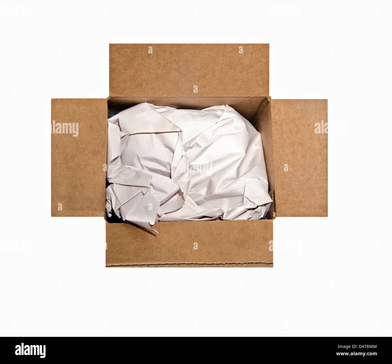 Eine offenen Karton gefüllt mit Packpapier. Stockfoto