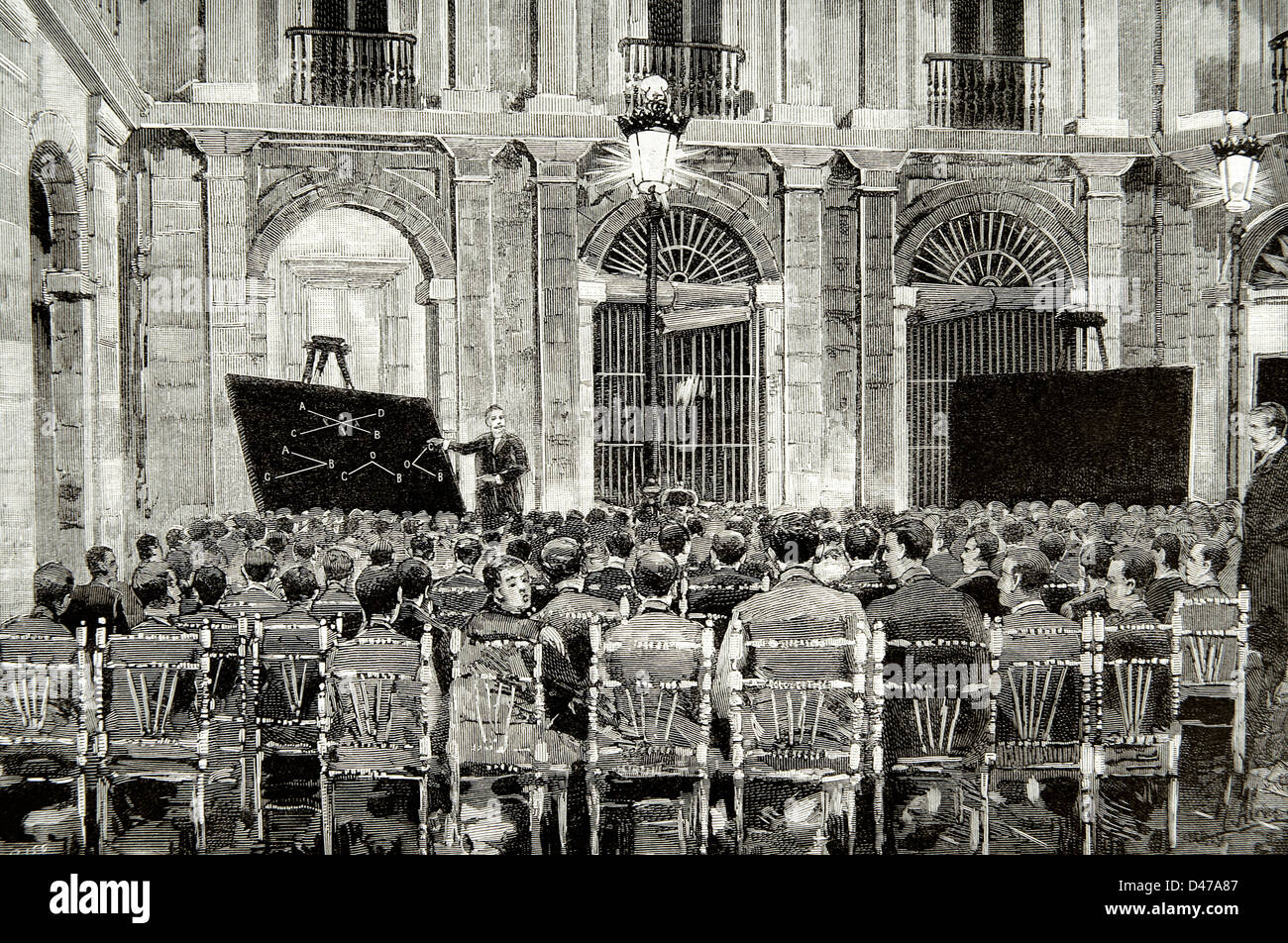 Spanien. Madrid. Städtisches Institut der Handwerker. Klasse der Geometrie. Gravur. Stockfoto