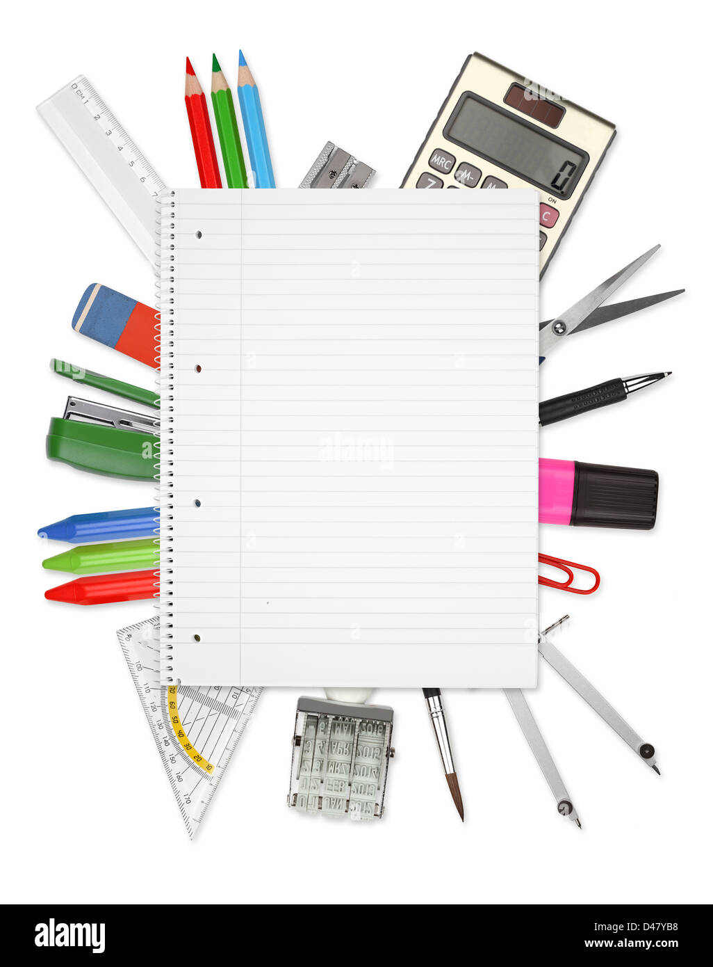 Viele Office-Tools auf einem weißen Hintergrund Stockfoto