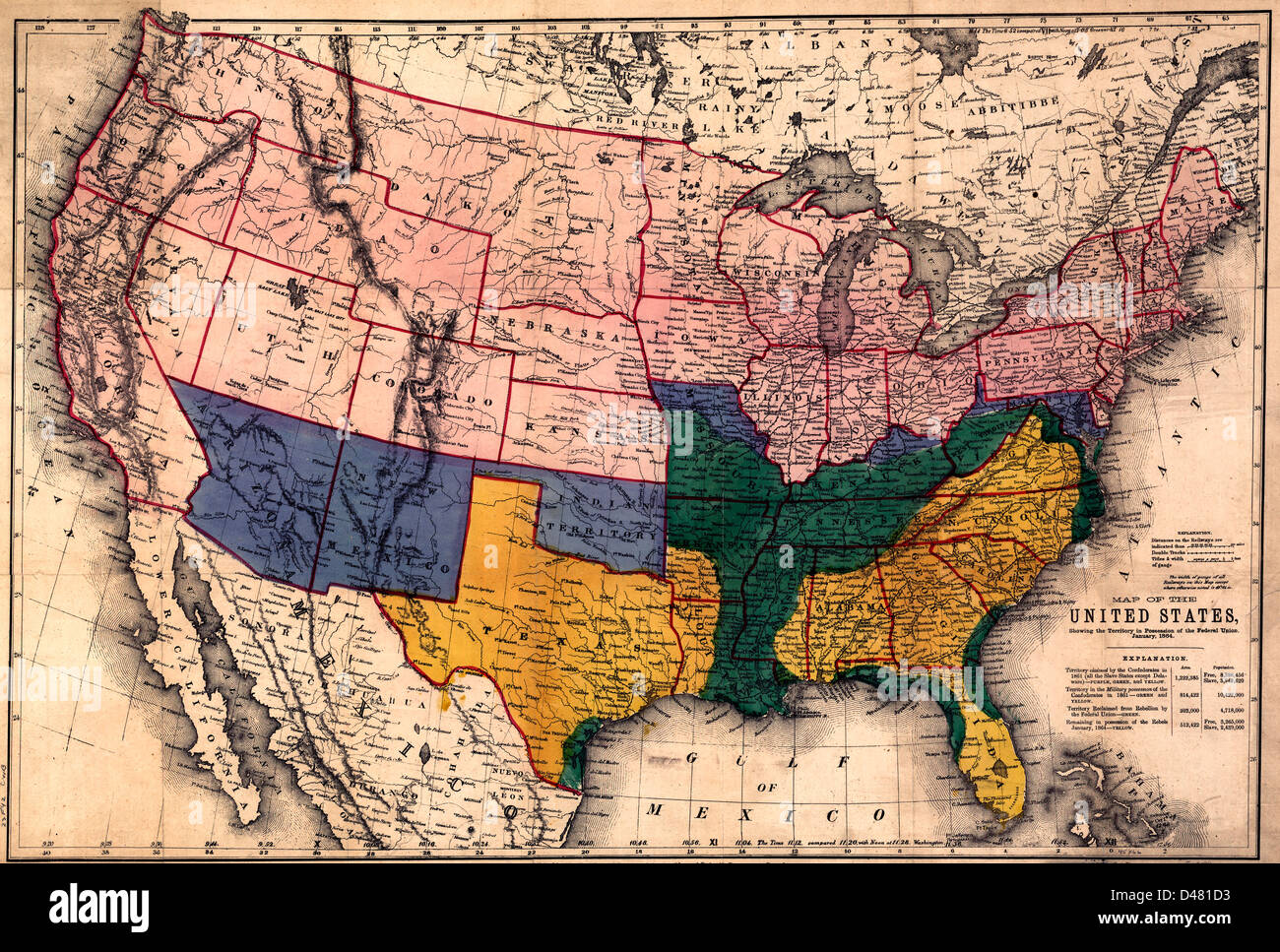Karte der Vereinigten Staaten, zeigt das Gebiet im Besitz der Federal Union Januar 1864. Stockfoto