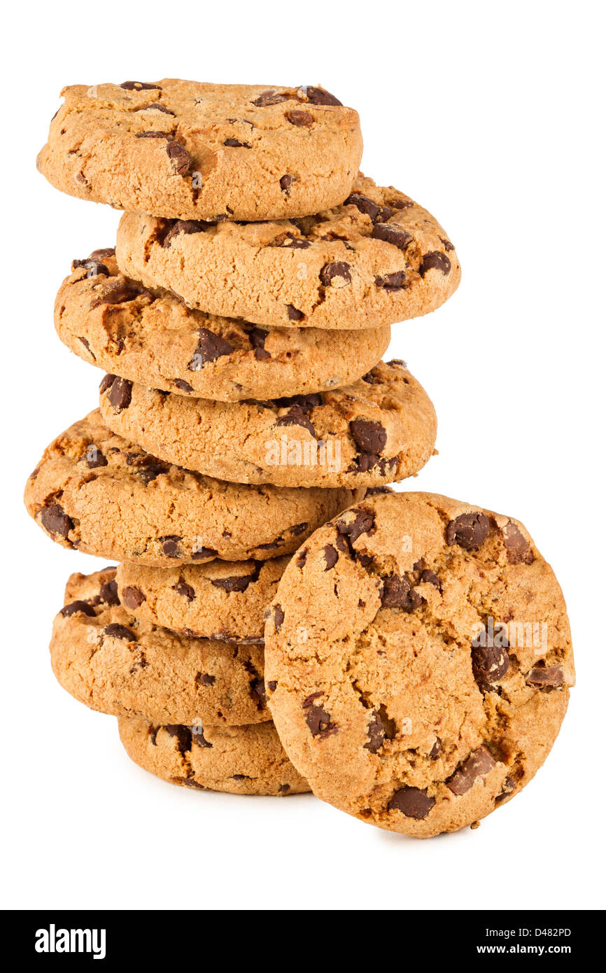 Stapel von Schokolade Cookies vor weißem Hintergrund Stockfoto