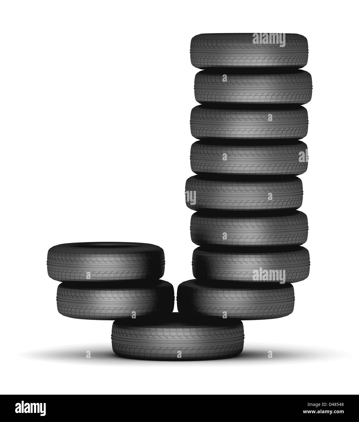 Buchstabe J aus gestapelten Reifen Stockfoto