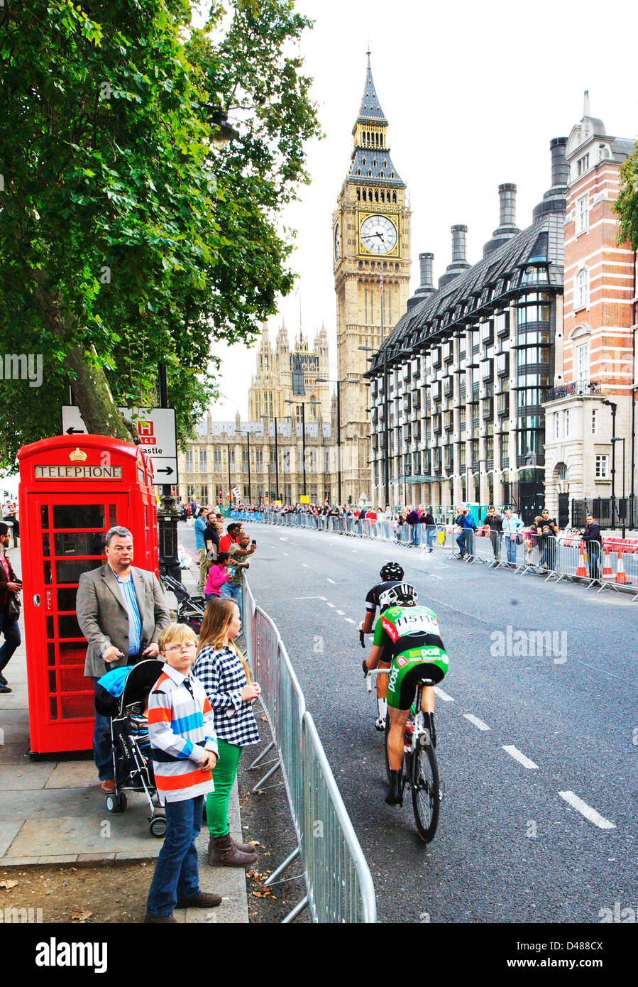 Radsport-Event in London mit Big Ben im Hintergrund Stockfoto