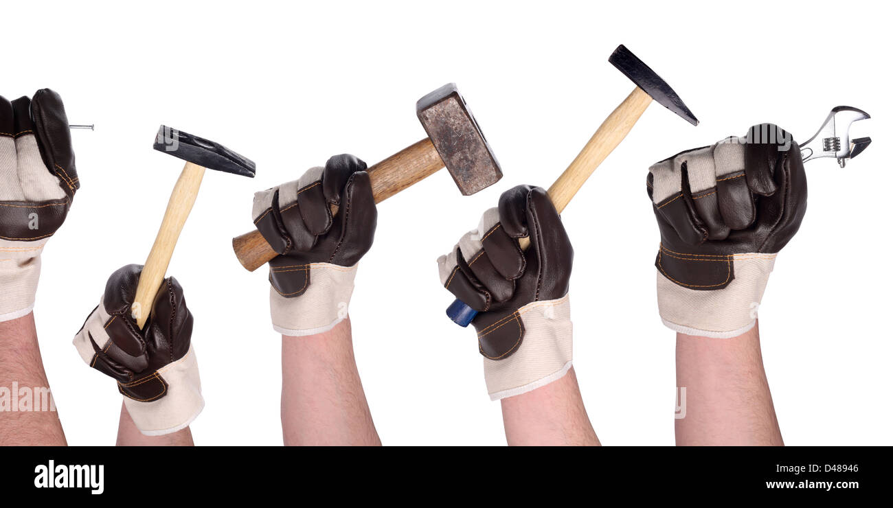 Eine Reihe von arbeiten die Hände in Handschuhe mit verschiedenen Werkzeugen. Stockfoto