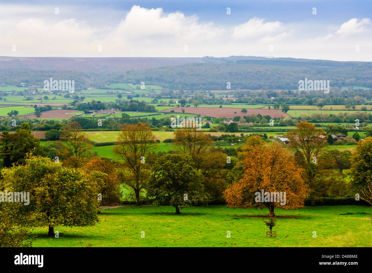 Blick über Yeo Valley in Richtung Schwarz nach unten auf die Mendip Hills von Wrington, North Somerset, England. Stockfoto