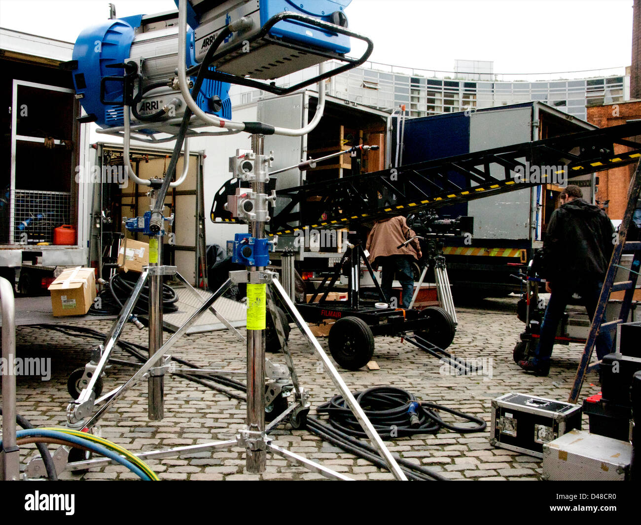 Ein Film mit Film- und Rigs set/Rigging und Lkw in Smithfield Square Dublin, Irland Stockfoto