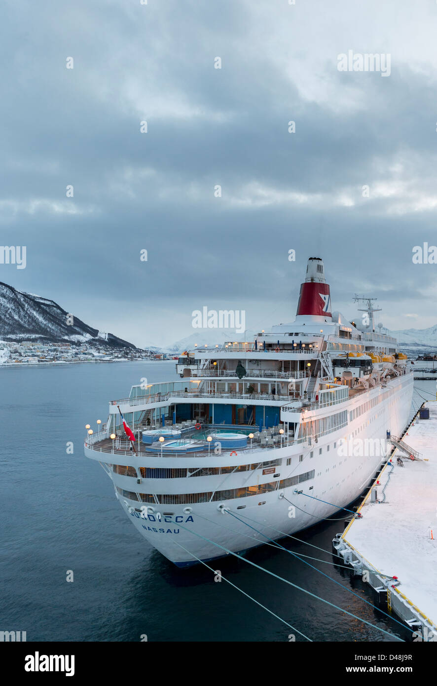 Fred Olsen cruise Schiff, die MS Boudicaa angedockt in Tromsø, Norwegen Stockfoto