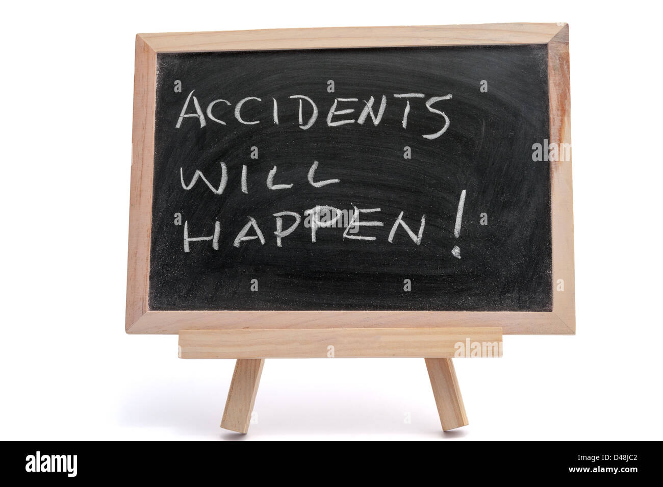 "Unfälle passieren werden" sagen schriftliche auf Tafel over white background Stockfoto