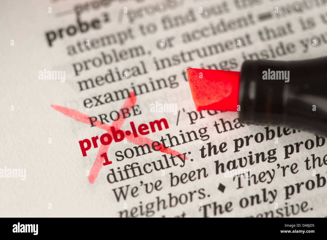 Problem Definition Wort durchgestrichen Stockfoto