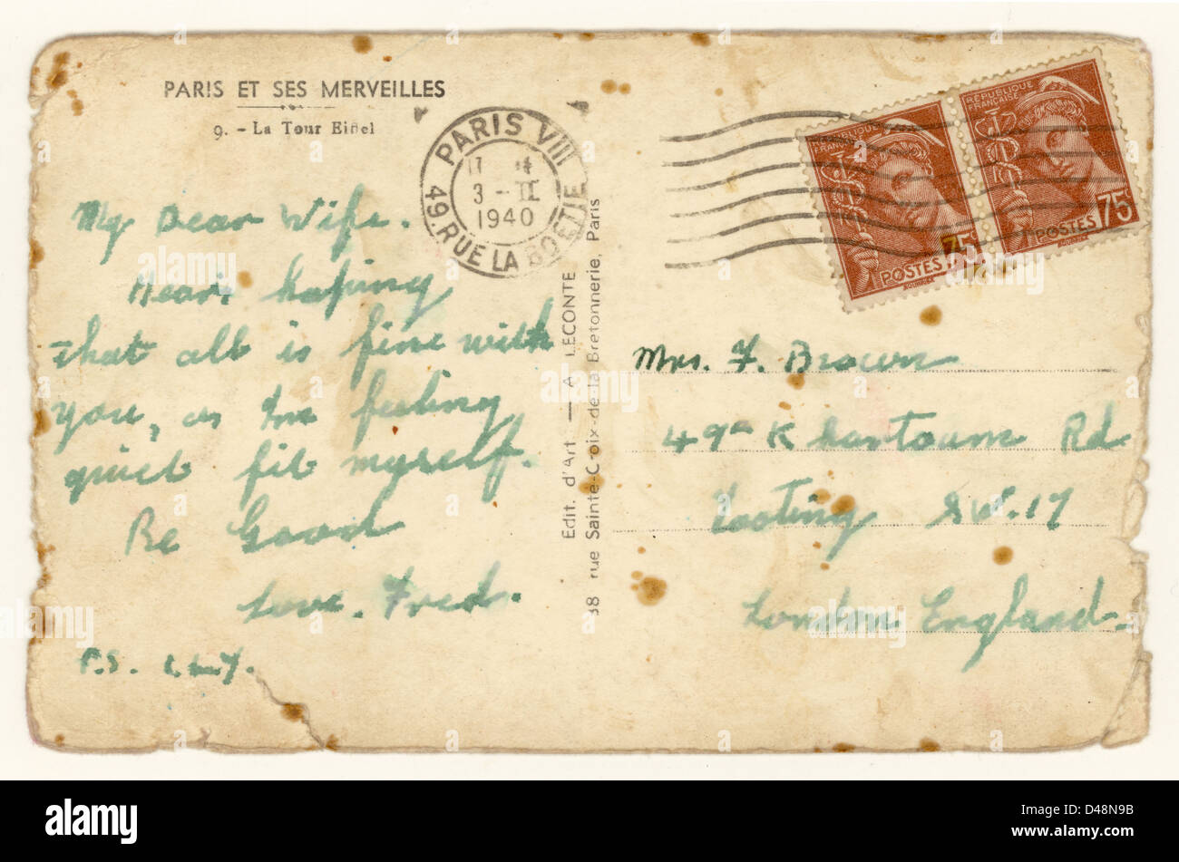 Rückseite der französischen Postkarte mit Briefmarken, Poststempel Paris, Frankreich 1940 möglicherweise durch britische Soldaten während WW11 gesendet Stockfoto