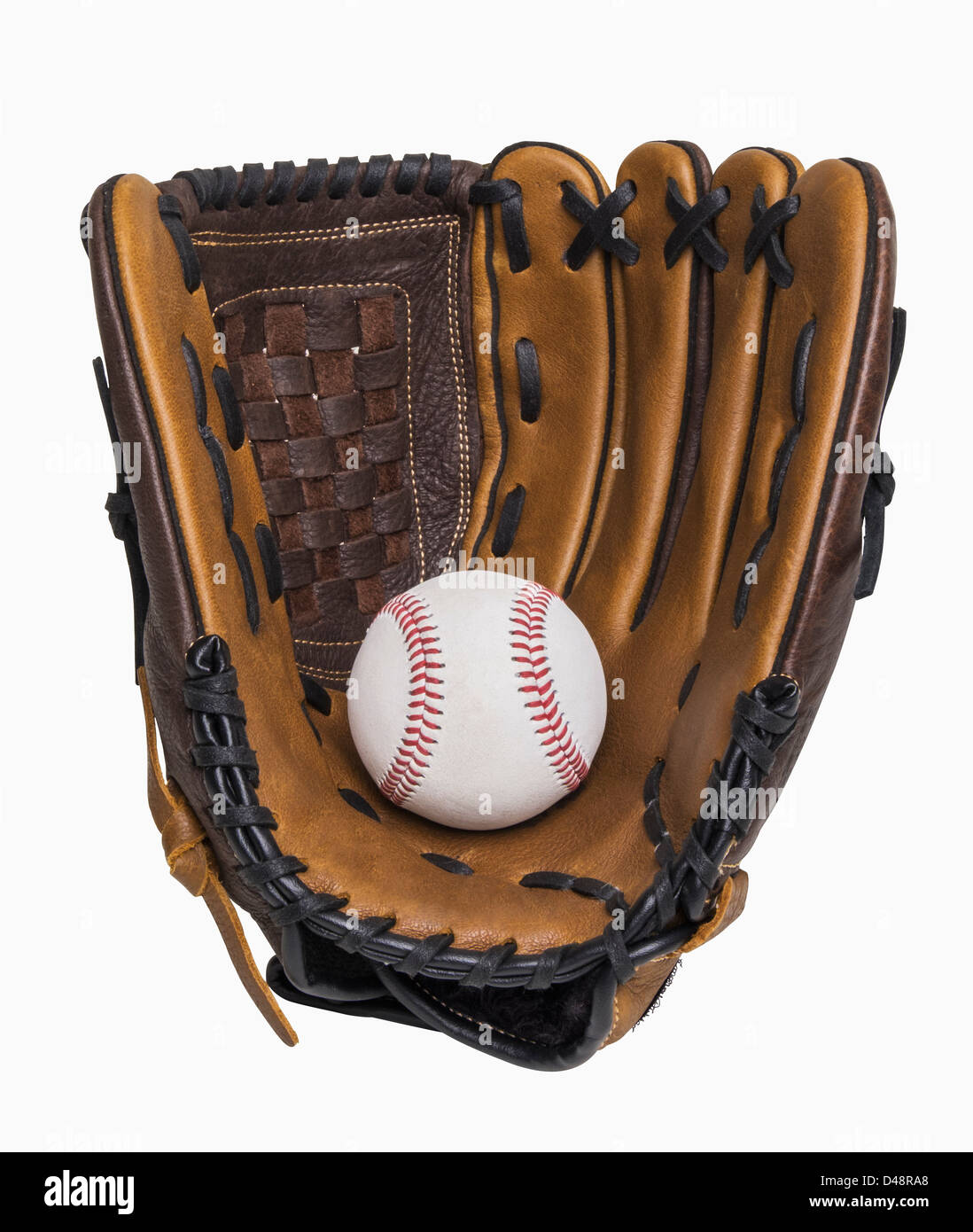 Baseball und Baseballhandschuh isoliert auf weiss, Clipping-Pfad enthält Stockfoto