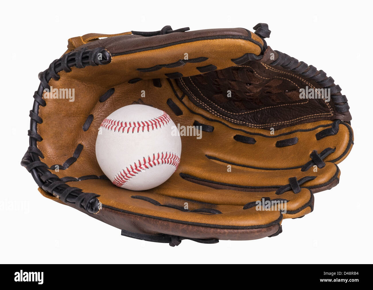 Baseball und Baseballhandschuh isoliert auf weiss, Clipping-Pfad enthält Stockfoto