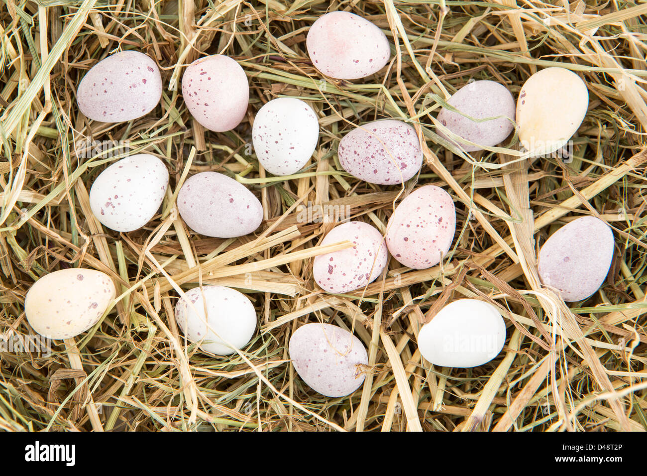 Kleine Süßigkeiten Eiern Ostern auf Stroh Stockfoto