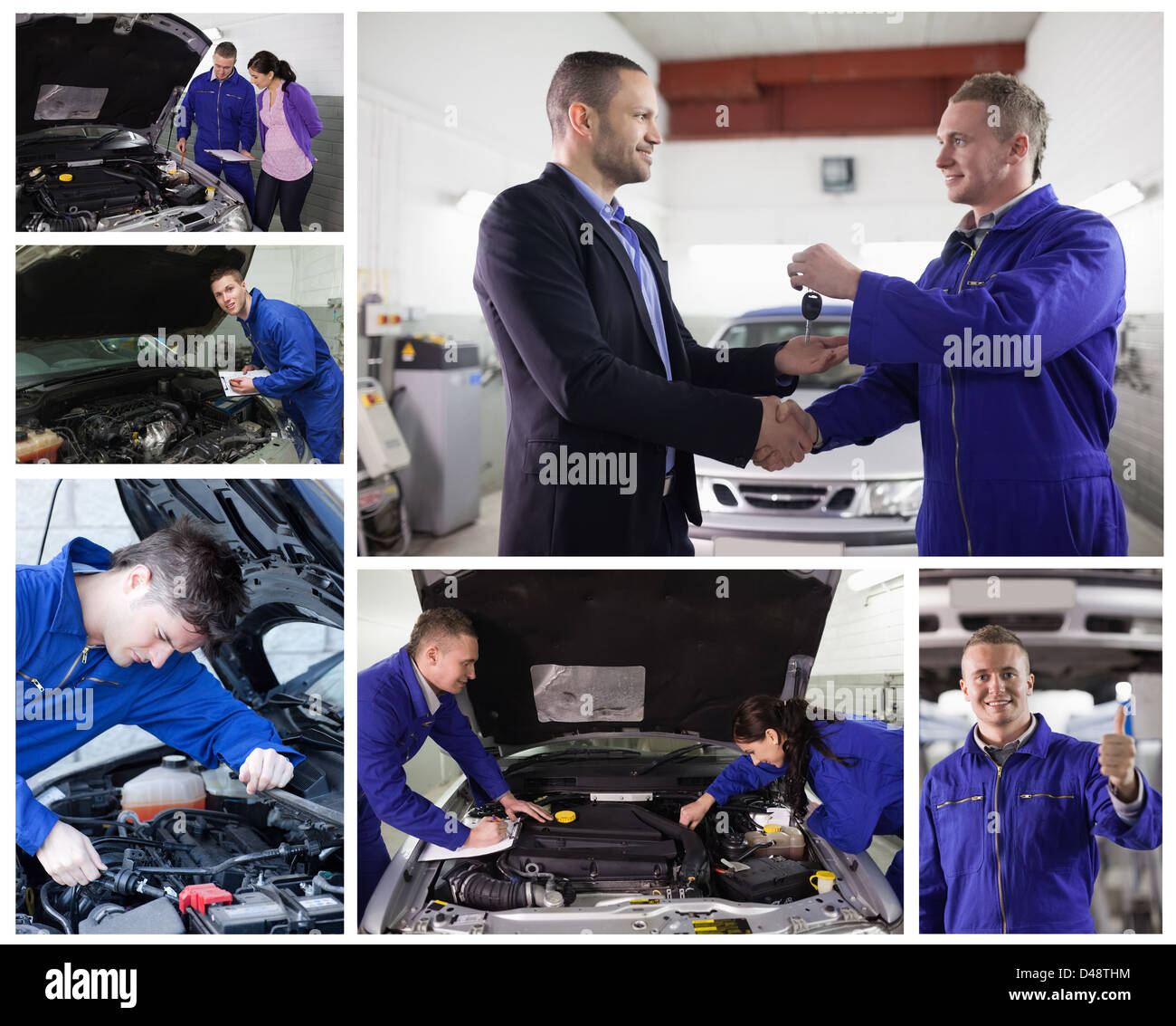 Collage der Mechaniker bei der Arbeit mit zufriedenen Kunden Stockfoto