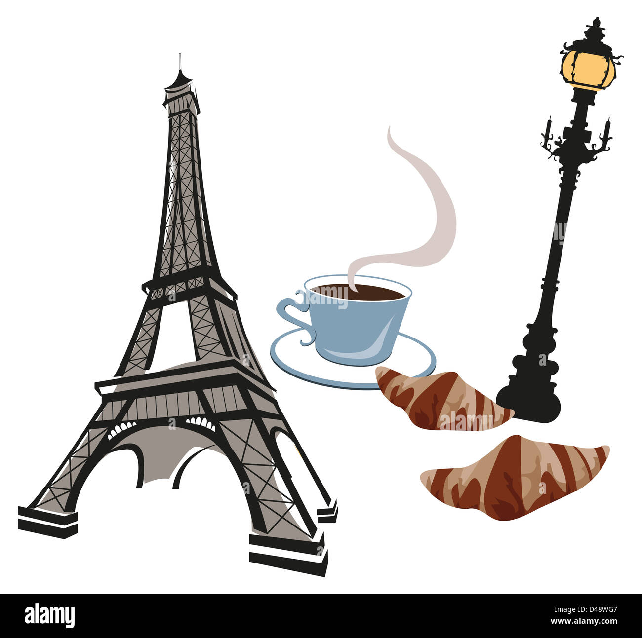 Eiffelturm, Straßenlaternen und Croissant Illustration, isoliert auf weiss Stockfoto