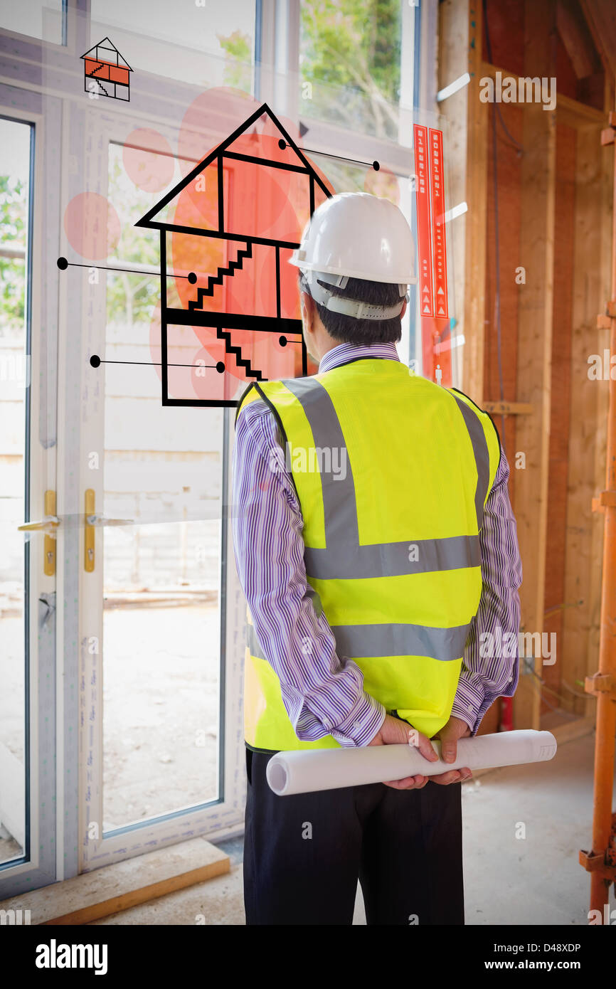 Blick auf Infrarot-Schnittstelle mit Hausplan Architekt Stockfoto