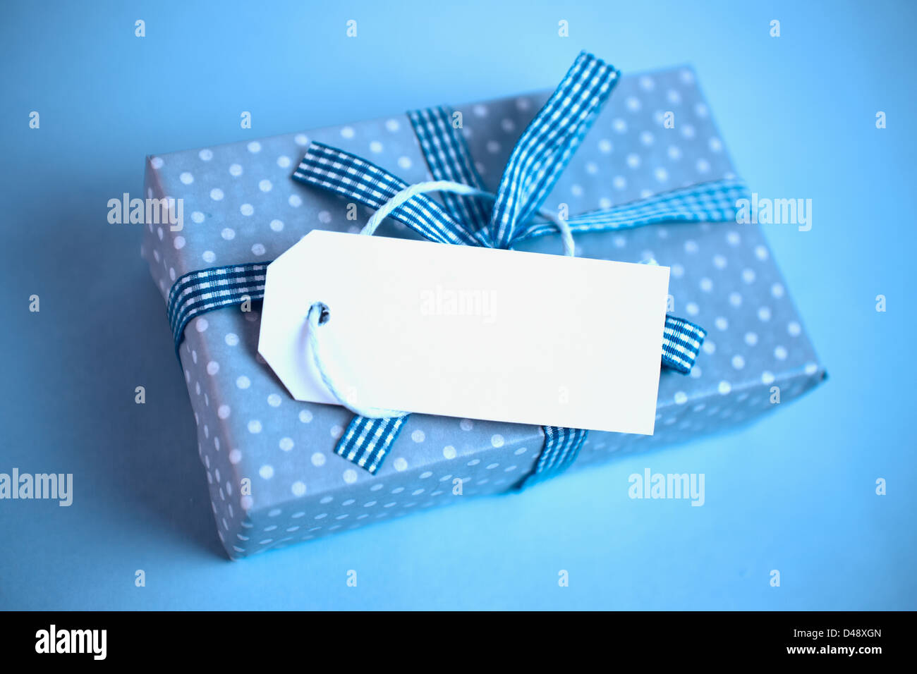 Blaue verpackte Geschenkbox mit leeren tag Stockfoto