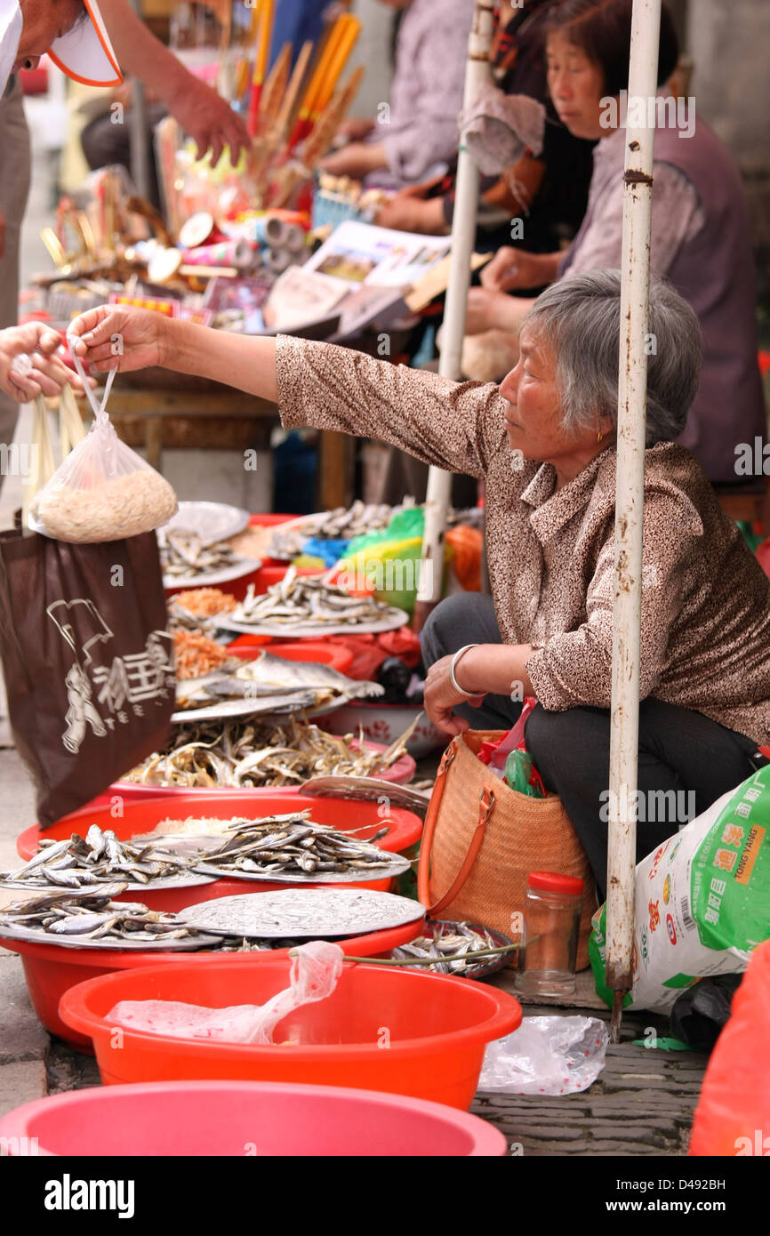 Eine Chinesin Verkauf von Fischen und getrocknet zu produzieren, auf einem Straßenmarkt in Zhou Zhang China Stockfoto