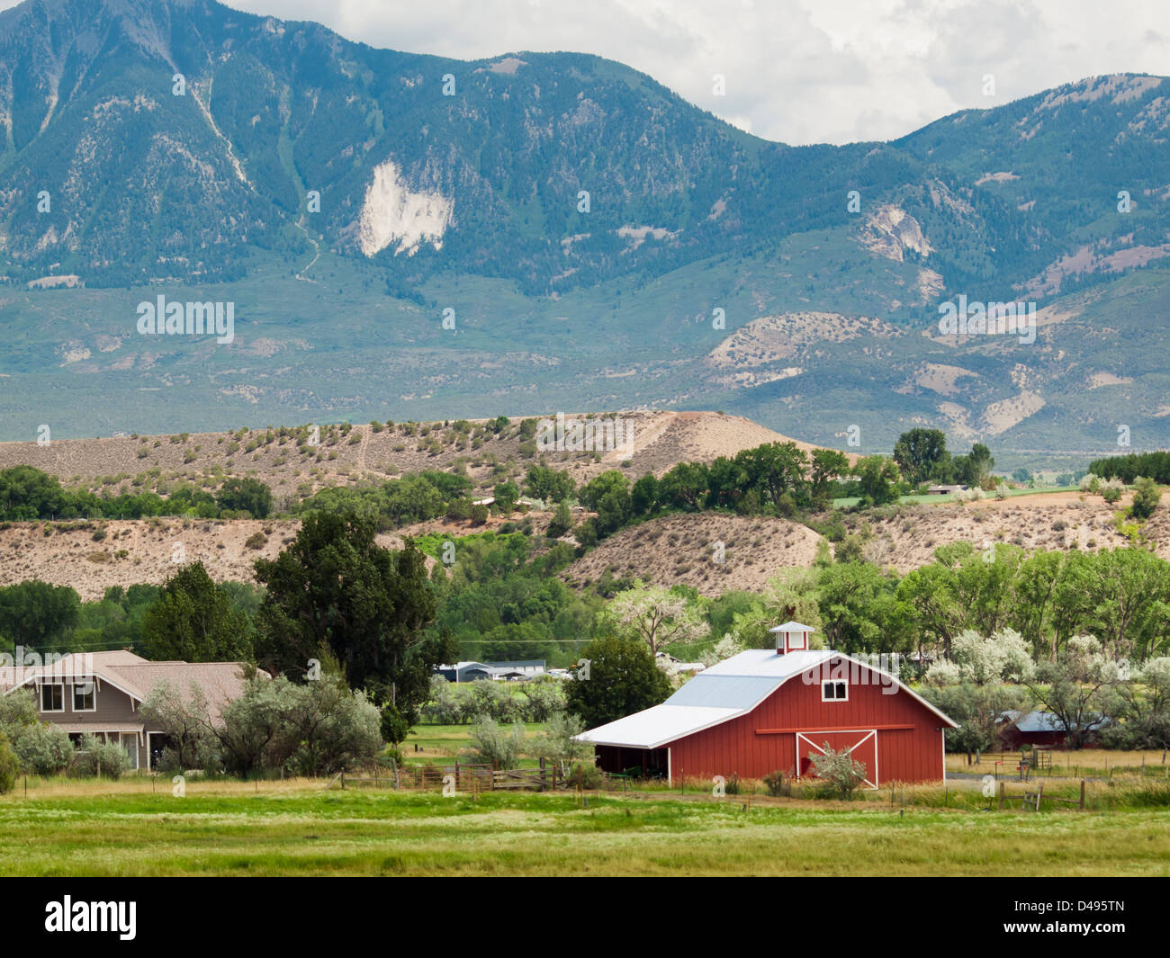 Rote Scheune auf dem Bauernhof in Grand Junction, Colorado. Stockfoto